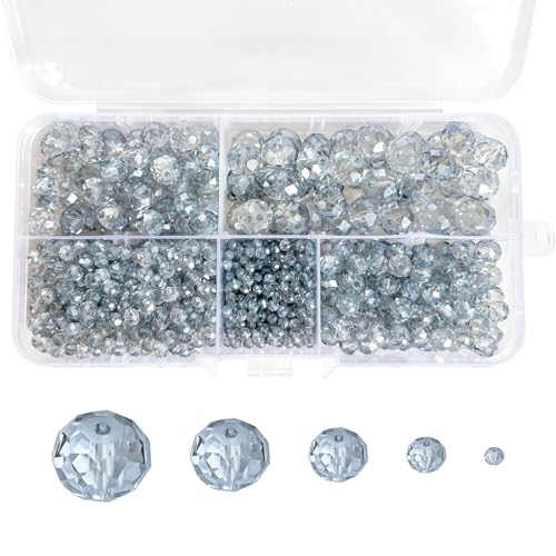1000pcs Glass Beads for Jewelry Making, 2/4/6/8/10mm Crystal Beads Faceted Briolette Crystal Glass Beads for DIY Craft, Rondelle Spacer Beads for Bracelets Necklaces (Blue Grey) - color: Blue Grey