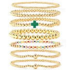 14K Gold Beaded Cross Beaded Bracelet Stack Set for Women,7PCS Bohemian Colorful Beads Ball Stretch Stackable Bracelets Trendy Holiday Birthday Gift - color: Dark Green