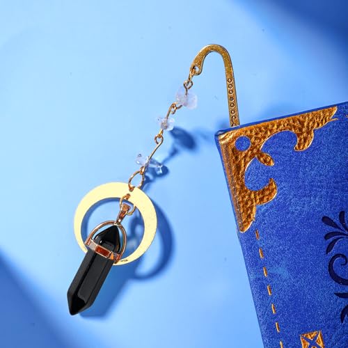 Vintage Metal Bookmark Pendant with Natural Crystal Stones Black Obsidian Bead Chain–Elegant Bookmarks for Women,Men,Book Lovers,Teachers and Girls(Black Onyx) - style: Black Onyx