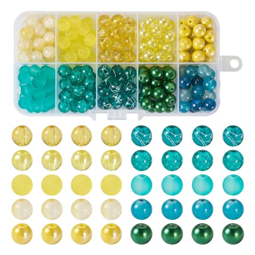 Cheriswelry 200Pcs Round Glass Beads for Bracelet Transparent Crystal Loose Spacer Beads Assorted Beads Bulk 8-9mm for Keychain Lanyard Necklace Jewelry Making Supplies - color: Yellow & Cyan