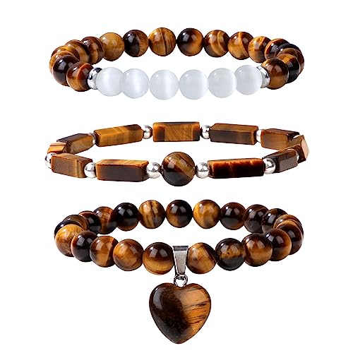 Vinswet Healing Crystal Beaded Bracelets for Women,Natural Amethyst Gemstones Bracelet,Anxiety Stress Relief Heart Charm Bracelet Handmade purple Jewelry Gifts for Women - color: Tiger eyes&Moonstone