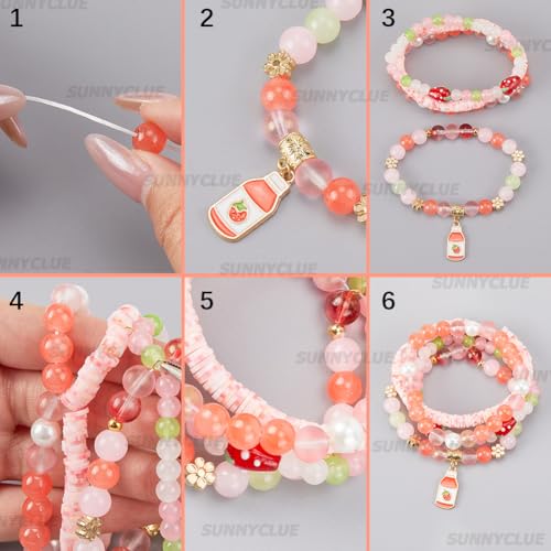 SUNNYCLUE 1 Box About 390Pcs 4 Sets Bracelet Making Kit Strawberry Bracelet Kits Polymer Clay Glass Fruit Flower Wire Beads Sets for Jewelry Making Adults Supplies Women Beginners Adults Starter - style: Strawberry
