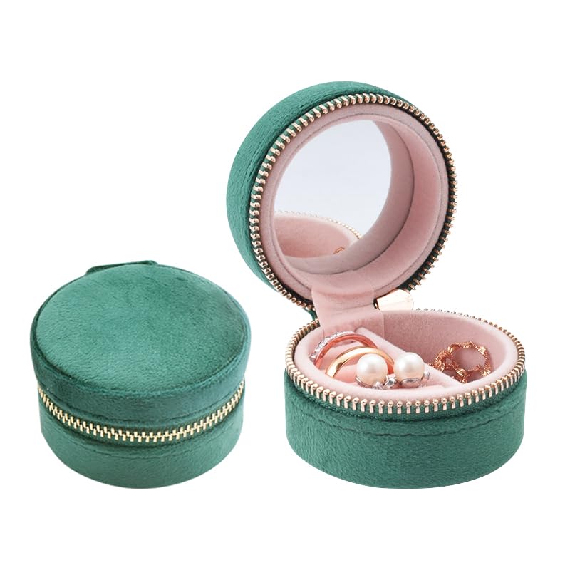 Travel Ring Box with Mirror, Velvet Lined Jewelry Organizer for Women - Mini Portable Case for Engagement, Wedding Band, Earrings,Necklaces | Bridesmaid Proposal Gift (Green) - color: Green