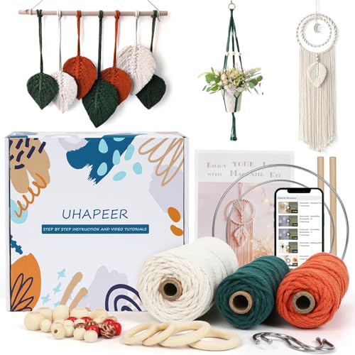 UHAPEER Macrame Kits for Adults Beginners, DIY Macrame Plant Hanger Kit and Macrame Supplies, with 3 mm Macrame Cord Cotton, Macrame Meads, Wooden Rings, Dream Catcher Rings, Craft Kits for Adults - color: Dark Green & Orange