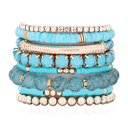 RIAH FASHION Multi Color Stretch Beaded Stackable Bracelets - Layering Bead Strand Statement Wrap Bangles - color: Boho Mix - Turquoise, size: 7.0 Inches Length