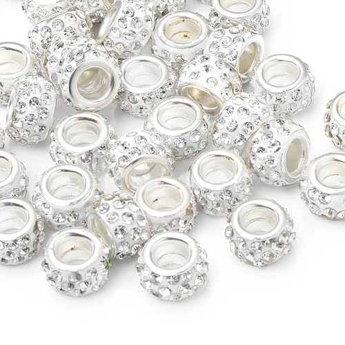 50 PCS Large Hole Beads Rhinestone European Bead Crystal Charm Spacer Rhinestone Beads for Pens Making Bulk Beadable Pens Jewelry Making Supplies DIY Crafts Bracelet(Silver, 12mm) - color: Silver