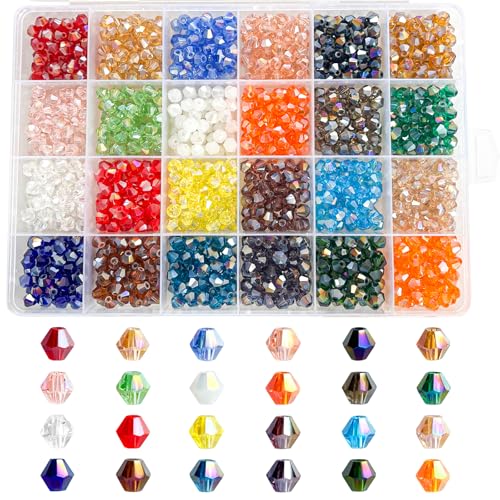 Rubdub 1200pcs 6mm Crystal Beads for Jewelry Making, Bicone Bracelet Beads Bulk Faceted Glass Loose Bead for Necklace Earring Keychain Dolls DIY Craft (24 AB Colors) - size: 6mm