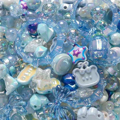 100G Assorted Acrylic Beads for Bracelet Making, Blue Large Aesthetic Kawaii Beads for Keychain Phone Charms, Multi-Shapes Cute Bead for Jewelry Making, DIY Crafts, Necklace - color: Blue
