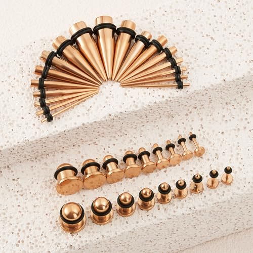 Longbeauty 14G-00G 36pcs Ear Gauges Stretching Kit Surgical Steel Tapers for Ears Gauge Starter Kits Single Flat Top Gauges Plugs for Women Men - color: Rosegold