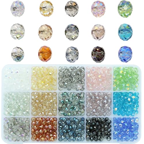 Bala&Fillic 6mm Crystal Rainbow Colors Glass Briolette Faceted Rondelle Beads for Making Jewelry Bracelet Necklace Earring, Assorted 15 Colors in Box (Total 750pcs) - size: 6mm