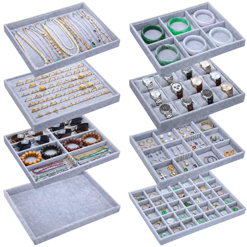 Tondiamo Set of 8 Large Stackable Jewelry Organizer Tray Set for Drawers Grey Velvet Jewelry Drawer Inserts Container Display Case Storage Display Trays for Earring Necklace Rings Bracelet Sunglasses