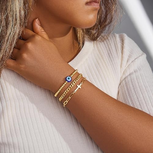 Gold Bracelets Set for Women Stack, Chunky Thick Bracelets Stack for Women Trendy, Simple Dainty Thin Gold Plated Cuff Stackable Bracelets With Beaded Cuban Paperclip Snake Rope Bangle Hand Chain Jewelry - style: Style 14-gold