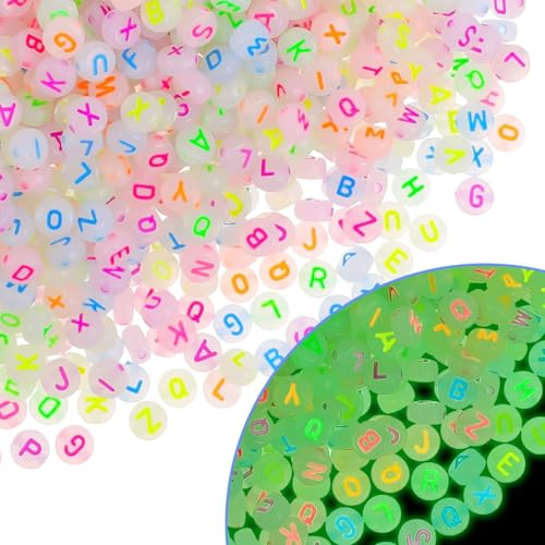 1000Pcs Glow Letter Beads Acrylic Alphabet Bead Glow in The Dark, 4x7 mm Round Beads for Friendship Bracelets and DIY Crafts - color: Glow in the dark(Round)