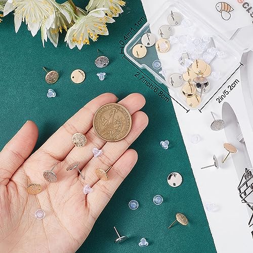 Beebeecraft 32Pcs 2 Colors Flat Round Earring Findings 18K Gold & Platinum Plated Frosted Surface Round Earring Post with Hole and 40Pcs Plastic Ear Nuts for Earring Jewelry Making - color: Gold and Silver