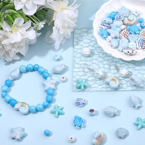 SUNNYCLUE 1 Box 56Pcs Turtle Beads Ceramic Ocean Beads Set Blue Starfish Shell Conch Fish Sea Beach Summer Round Square Loose Spacer for Jewelry Making DIY Necklace Bracelet Crafts Supplies Women