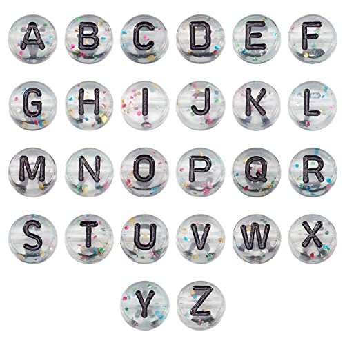 Cheriswelry 200pcs 7mm Clear Flat Round Letter Beads Transparent Acrylic Alphabet Crystal Beads Horizontal Hole Glitter Powder Loose Spacer Beads for DIY Bracelet Necklace Jewelry Making - color: Clear-Flat Round