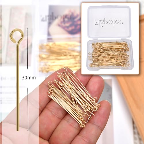 200pcs 30mm 14K Gold Filled Eye Pins DIY Crafts Beads Charms Earring Bracelet Jewelry Making Accessories Supplies - color: Gold Eye Pins, size: 30mm