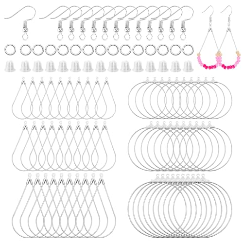 372Pcs Earrings Beading Hoop Set with 72 Earring Finding Teardrop Round Beading Hoop Earrings Bulk with 100 Hooks,100 Jump Ring,100 Ear Backs for DIY Jewelry Making Earrings Making Supplies(White K) - color: 372Pcs-White K