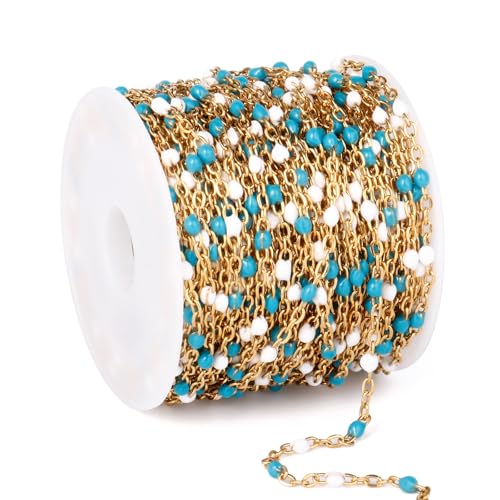 33 Feet Gold Enamel Chains Bulk, 2mm 18K Gold PVD Plated 304 Stainless Steel Blue White Enamel Beaded Cable Link Chain Roll Spool for Jewelry Making - color: Gold Blue White Beads