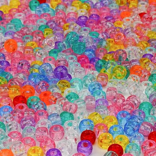 Sunlode Glitter Pony Beads Bulk 1000+ Pieces, 9 Colors 6x9mm Sparkly Clear Acrylic Beads Large Plastic Kandi Bead for Bracelets Big Hole Hair Braids Jewelry Making Crafts DIY Projects - color: Twinkling Fine Glitter 1000pcs