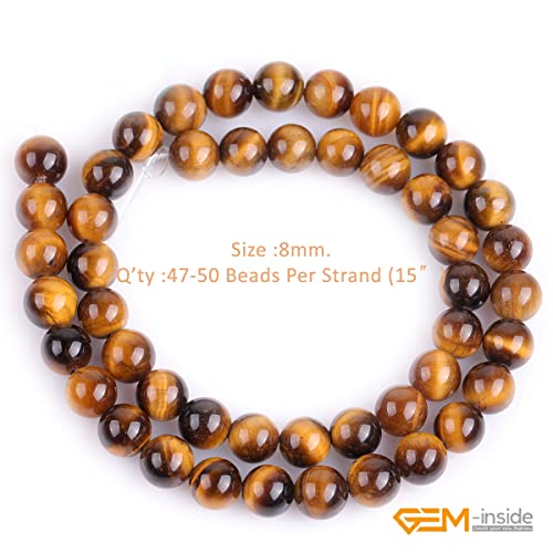 GEM-Inside Natural 8mm Tiger Eye Gemstone Loose Beads Round Crystal Energy Stone Power for Jewelry Making 15'' - color: Yellow Tiger Eye, size: 8mm