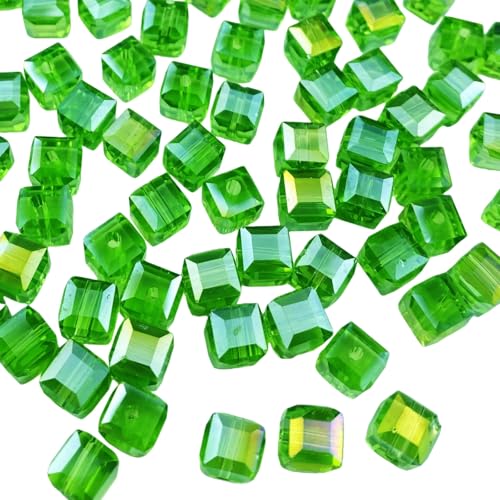 Crystal Glass Beads 100 Pieces 6mm Cube Crystal Glass Beads Faceted Square Shape Spacer Beads for Jewelry Making Bracelet Earring Necklace DIY Craft Making Supplies(Green AB) - color: Green AB, size: 6mm
