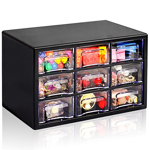 Desk Storage Organizer with 9 Drawers, FODIENS Stackable Desktop Craft Drawer Cabinet, Clear Storage Box Caddy for Makeup Jewelry Office Craft Supplies (9.84×6.3×5.9in) (Black) - color: Black