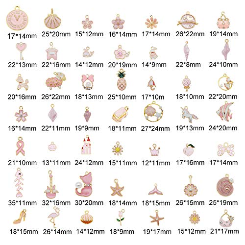 40pcs(20PAIRS) Assorted Gold Tone Enamel Animals Fruit Moon Star Dainty Dangle Flowers Pendants Charms for Jewelry Making Necklace Bracelet, Pink Theme