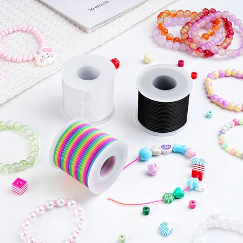 Stretchy Bracelet String Kit with Scissors & Beading Needle, 4 Rolls Elastic String for DIY Crafts, 1mm Stretchy Cord for Jewelry Making Sewing Necklace Beading, 660FT, (Black, White, Rainbow)