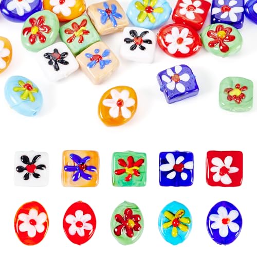 20Pcs Oval Square Flower Pattern Handmade Lampwork Beads Colorful Millefiori Lampwork Glass Beads Cute Floral Flat Oval Cube Spacer Beads for DIY Crafts Necklace Earring Jewelry Making