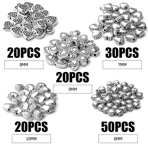 Aylifu 140pcs Antique Silver Heart Shape Spacers Alloy European Style Heart Beads Charms Spacer Bead Jewelry Heart Charms for DIY Bracelet Jewelry Making, 5 Sizes