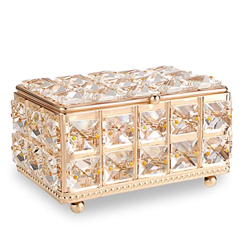 ELLDOO Crystal Jewelry Box Rectangle Trinket Organizer with Lid Earrings Rings Vintage Treasure Keepsake Box for Valentine Wedding Dresser Bedroom Decoration, Gold - color: Gold, size: Large