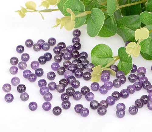 Natural Stone Beads Amethyst Round Genuine Stone Beading Loose Gemstone Hole Size 1mm DIY Charm Smooth Beads for Bracelets Necklaces Earrings 6mm 200pcs (Amethyst 6mm) - color: Amethyst, size: 6mm