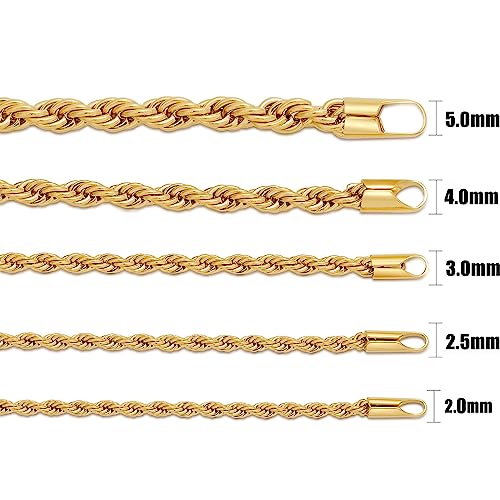 Fiusem 18K Gold Plated Rope Chain for Men, 18K Gold Plated/Black Chain Necklace, Stainless Steel Necklace for Men and Women, Jewelry Gifts - size: 20 Inches, style: Gold 2mm