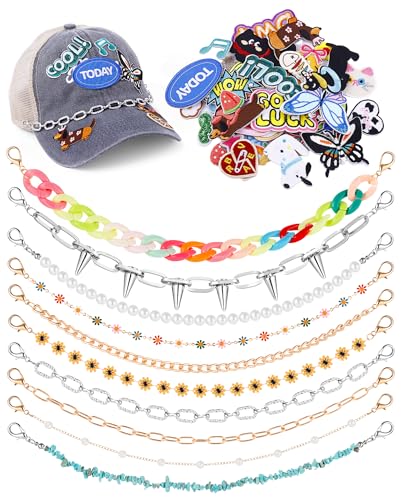 14 Pcs Trucker Hat Chains, Bulk Trucket Hat Charms Chains for Women Men, Bill Decoration Detachable DIY Metal Chain - color: 10 Chains+41 Patches
