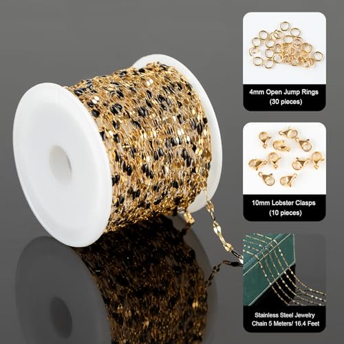 UMAOKANG 16.4 Feet Gold Plated Chain for Jewelry Making, Stainless Steel Chain Roll Necklace Chains Bulk Jewelry Supplies Findings - color: Gold-Black
