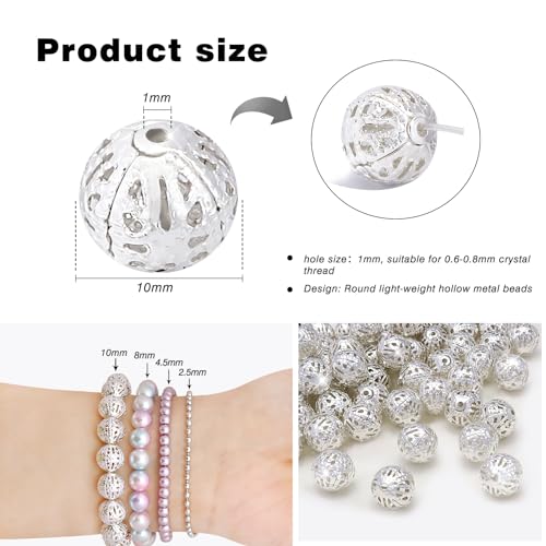 TOAOB 100pcs 10mm Silver Plated Filigree Hollow Ball Beads Round Metal Loose Spacer Beads for DIY Crafts Bracelets Necklaces Earrings Jewelry Making - color: Silver, size: 10mm