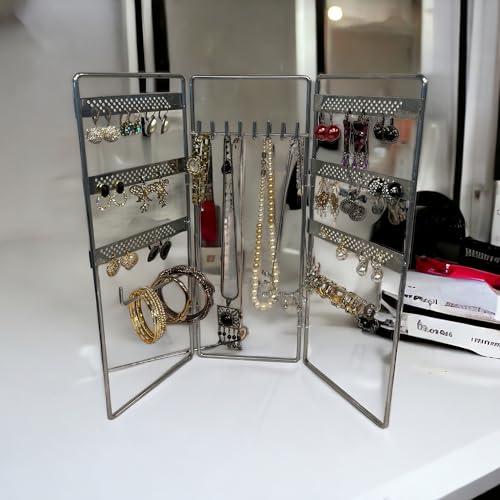 Jewelry Holder, Jewelry Organizer, folding 3 piece Jewelry Display Stand with Metal Frame, Necklace Earring Bracelet Holder, for Studs, Rings, Gift Idea, Gold, Silver, Black Color (SILVER) - color: SILVER