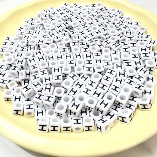 500Pcs Square Letter Beads H 6X6mm Individual White Alphabet Beads for Friendship Bracelets Making - color: Square - H