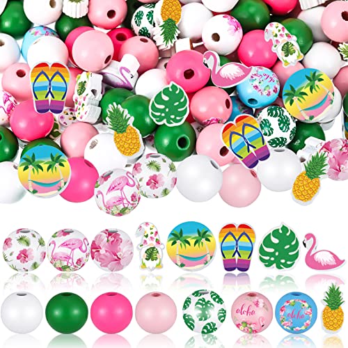 Bencailor 200 Pcs Flamingo Wood Beads Summer Wooden Beads for Craft Flamingo Palm Leaves Round Wooden Bead for Jewelry Making Polished Hawaii Tropical DIY Crafts Decor for Spring Summer - color: Flamingo