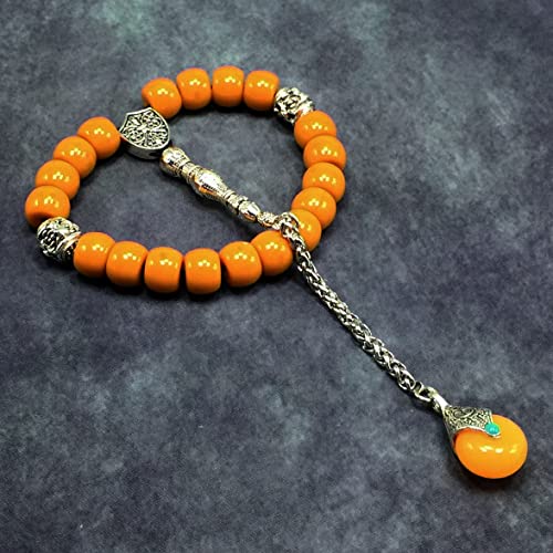 Simple Designed Natural Stone Worry Beads - Prayer Beads Tesbih-Tasbih-Tasbeeh-Misbaha-Subha-Sebha-Sibha-Rosary (Dark Orange Resin Drum -13X9 mm- 19 Big Beads) - color: Dark Orange Resin Drum -13X9 mm- 19 Big Beads
