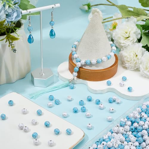 500Pcs Cross Round Beads Crucifix Bead Acrylic Silver Easter Cross Pattern White Blue Ball Shaped Loose Spacers for Bracelets Earrings Necklaces Jewelry Making DIY Crafting Holy Accessories - color: White, Blue