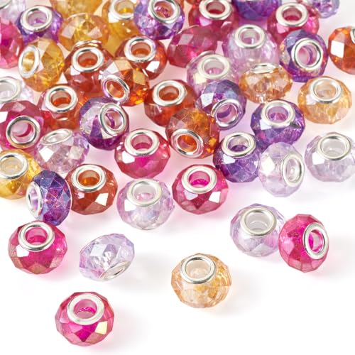 50pcs 14mm Glass European Beads Large Hole Glass Beads AB Color Plated Colorful Rondelle Loose Spacer Beads Christmas Beads for DIY Craft Bracelet Necklace Earring Hole: 5mm - color: Clear Colorful