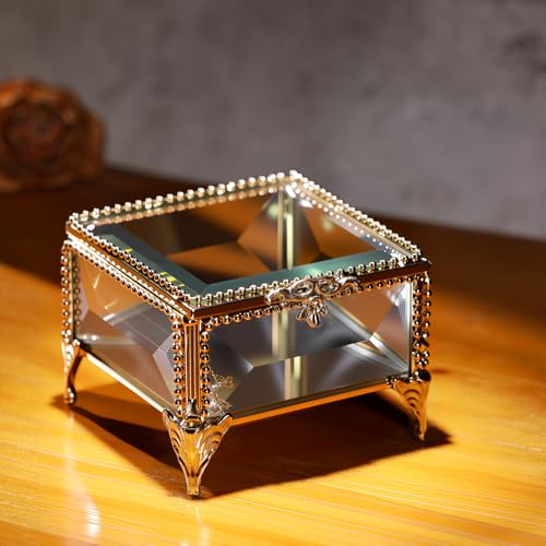 Rectangular Vintage Glass Jewelry Box With Hinged Lid, Jewelry Ring, Bracelet, Souvenir Metal Display Box, Transparent Storage Box.(3.3x3.3x2.3Inches) - color: Luxury Gold