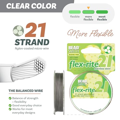 The Beadsmith Flex-Rite Beading Wire - 21-Strand Nylon-Coated Stainless-Steel Wire, 0.018" (0.45 mm) Dia, Clear, 100 ft Spool, Durable Necklace & Bracelet String, for Jewelry Making Supplies - size: .018” Dia - 100 ft