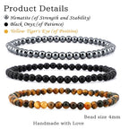 NCB 2.3-Piece 4mm Natural Crystal Gemstone Stretch Bracelets – Handmade Reiki Energy Healing Jewelry for Meditation,Yoga, Unisex - color: 3PCS ( Black Onyx+Hematite+Yellow Tiger's Eye ), size: 4mm
