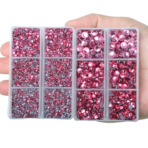10000Pcs 2-Boxes Mixed Size Hot Fix Round Crystals Gems Glass Stones Hotfix Flat Back Rhinestones with Tweezers and Picking Pencil (Fuchsia) - color: Fuchsia, size: 2-Box (10000pcs)