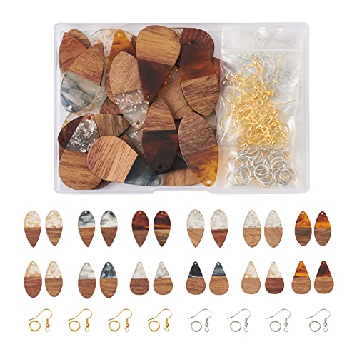 FASHEWELRY Resin Wood Earring Kit with 24pcs Teardrop Wooden Resin Earring Charms, Blanks, Findings, Open Jump Rings, French Hooks for Jewelry Making - color: 0Teardrop-24Pcs