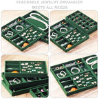 Jewelry Trays for Drawers, Set of 8 Stackable Velvet Jewelry Tray Inserts for Rings, Earrings, Necklaces, Bracelets – Fits Most Dresser/Closet Drawers, Non‑Slip Lined, Green - color: Green