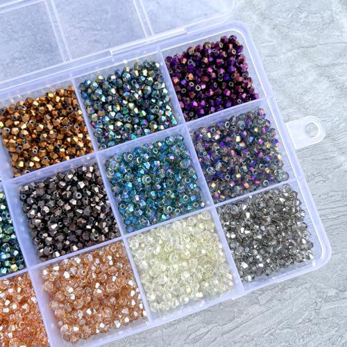 4500pcs 2mm Bicone Crystal Beads, Bulk Small Faceted Bicone Glass Beads for Jewelry Making DIY Craft Bracelet Necklace Earring with Container Box (15 Plated Metallic Colors) - size: 2mm